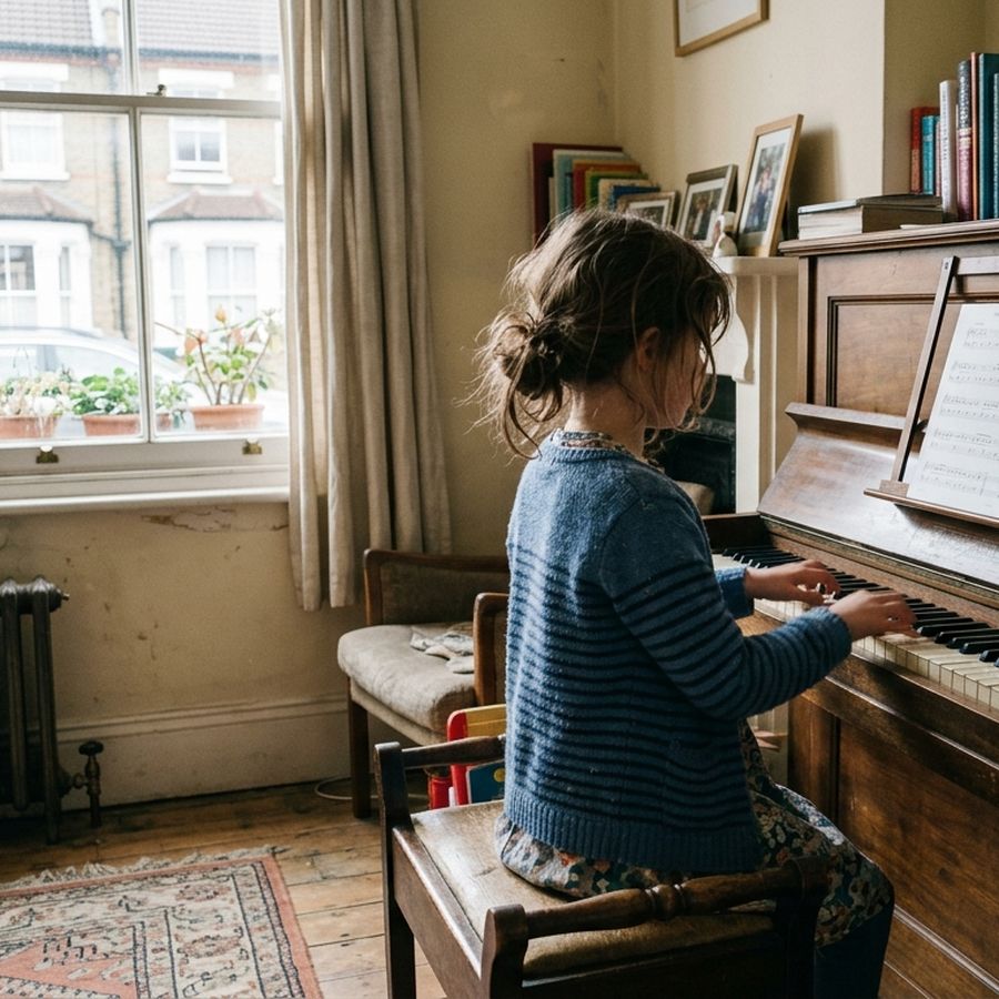 A young girl practising at an upright piano by a sash window, sheet music on the stand