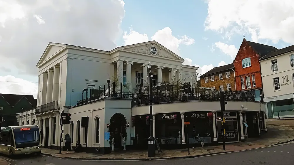 The columned front of the Corn Exchange building in central Bishop's Stortford