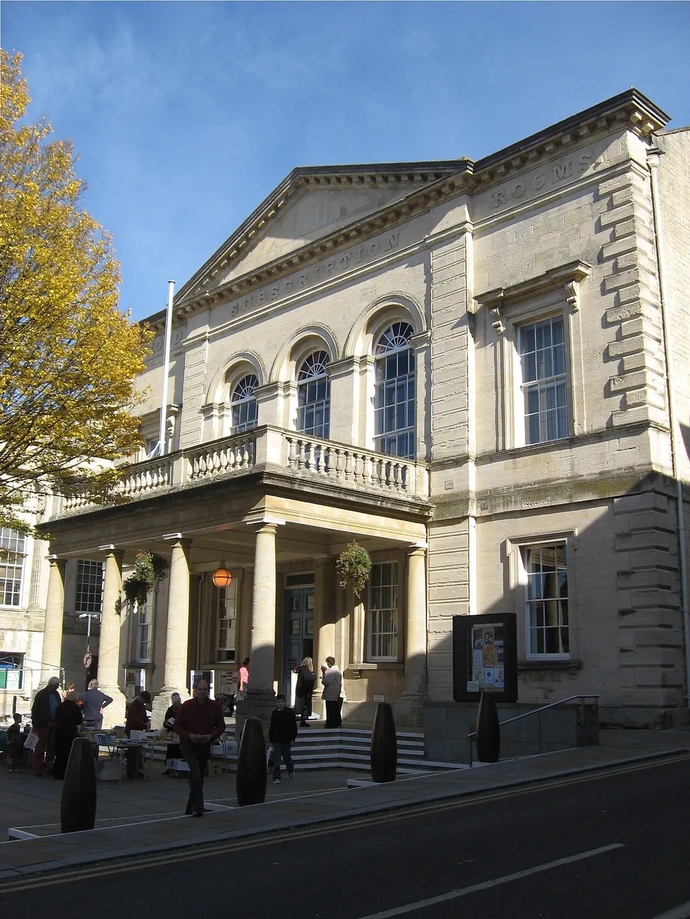 The classical stone front of the Subscription Rooms in the centre of Stroud