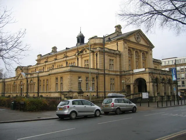The columned stone front of Cheltenham Town Hall
