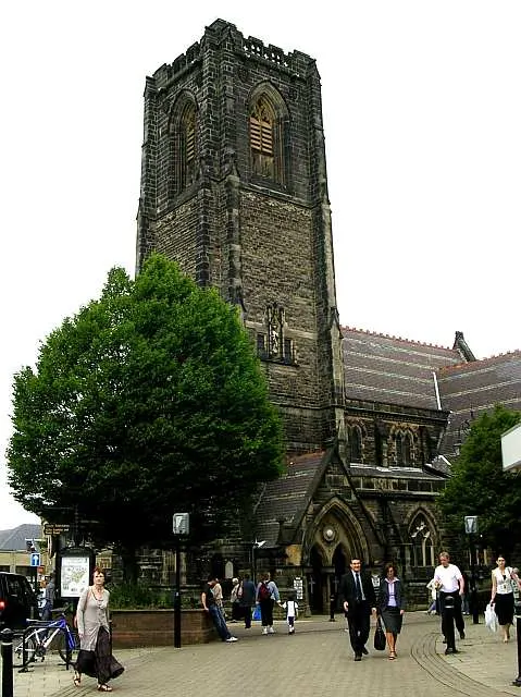 The tower of St Peter's Church rising over central Harrogate