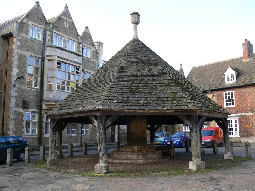 The timber Buttercross shelter and stocks in Oakham's market place