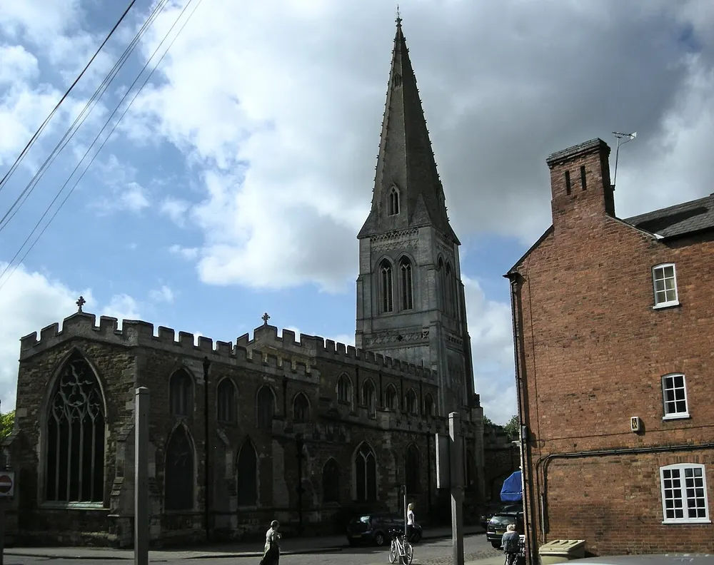 The spire of St Dionysius' Church above the centre of Market Harborough