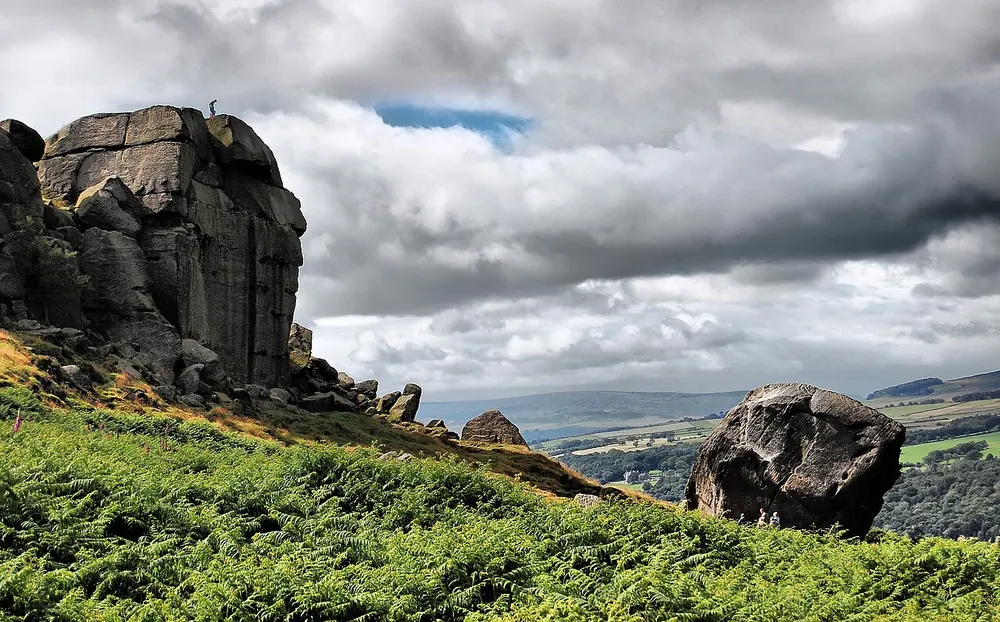 Heather moorland rising above the rooftops of Ilkley