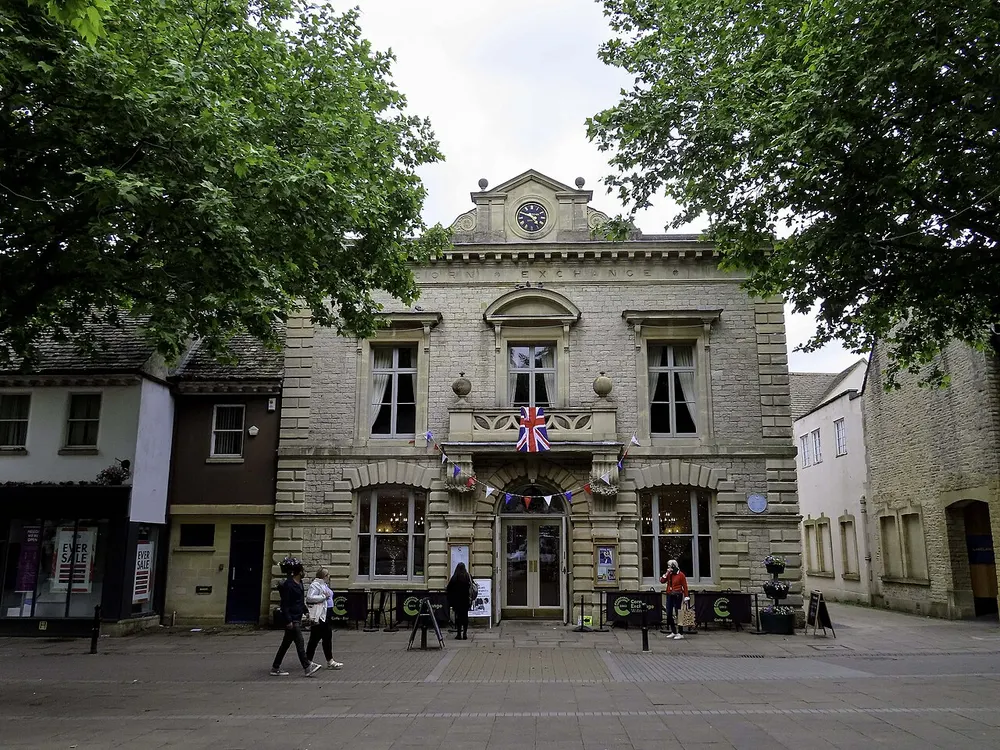 The stone front of the Corn Exchange on Market Square in Witney
