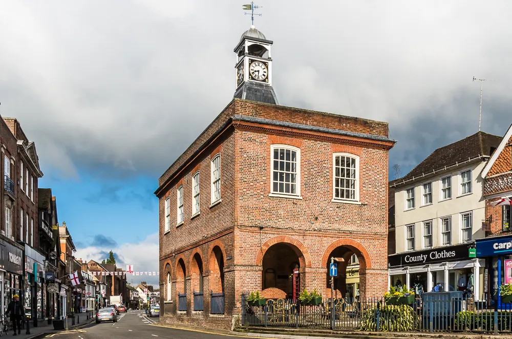 The red brick Old Town Hall standing in the market place at Reigate