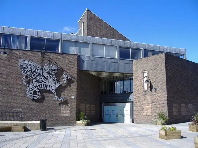 The angular concrete and glass front of the Wyvern Theatre in central Swindon