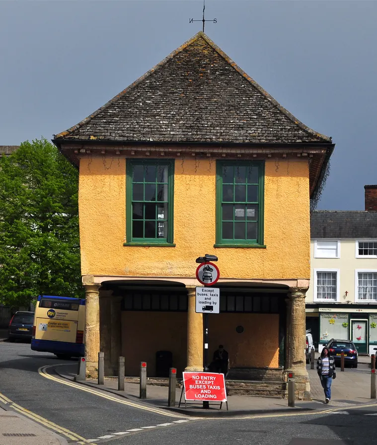 The pillared Old Town Hall standing on its stone columns in Faringdon Market Place