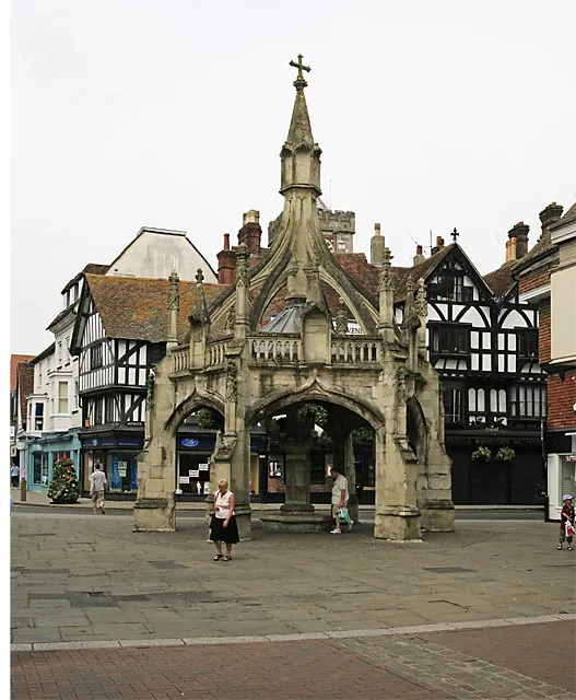 The pinnacled stone Poultry Cross standing in Salisbury's market area
