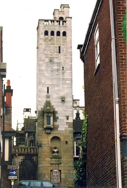 The ornate Gaskell Memorial Tower rising over King Street in Knutsford