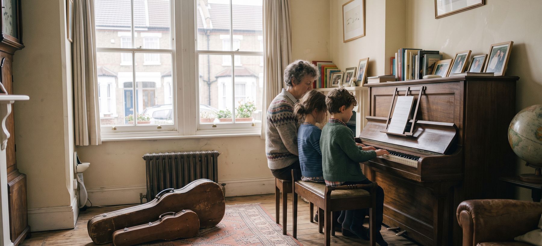 A grandmother and two children sitting together at an upright acoustic piano in a bay-windowed front room