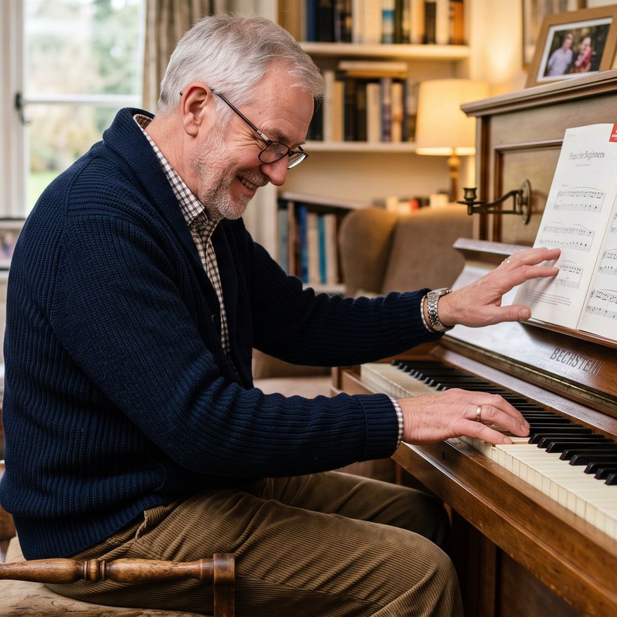 A retired man smiling as he plays an upright piano at home, reading from sheet music
