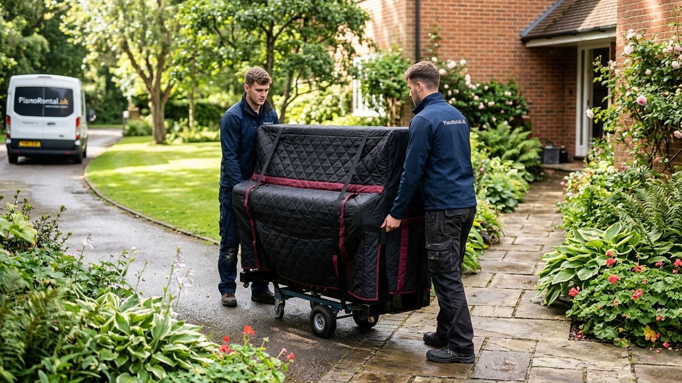 Two Piano Rental crew wheeling a quilted transit-covered upright piano up a garden path from a branded van